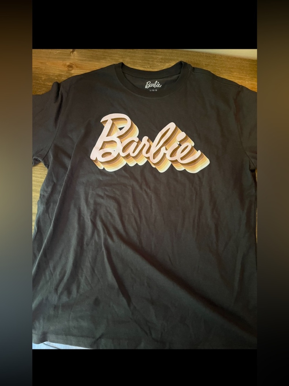 Women’s Barbie Black Tee with Pink and Gold Script, Size Large